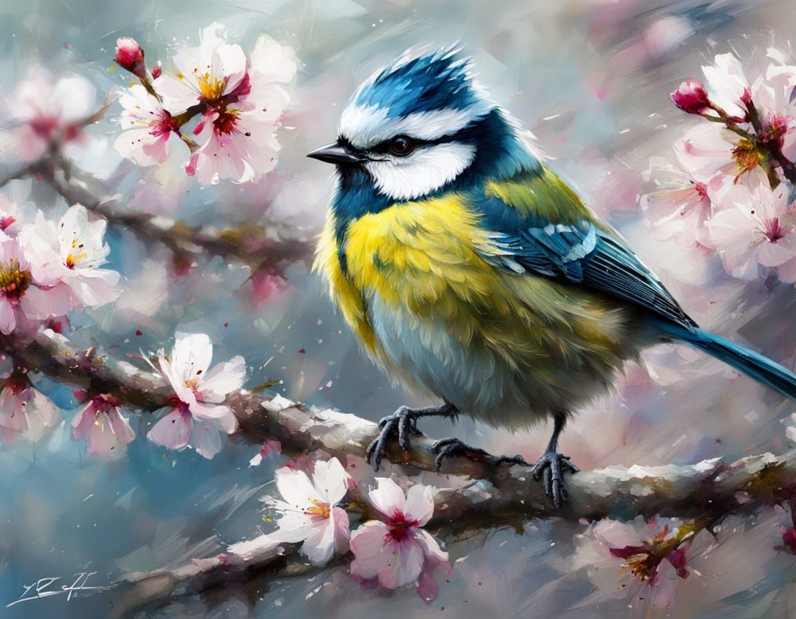 Blue Tit Bird on a Blossoming Sakura Tree in Impasto Style