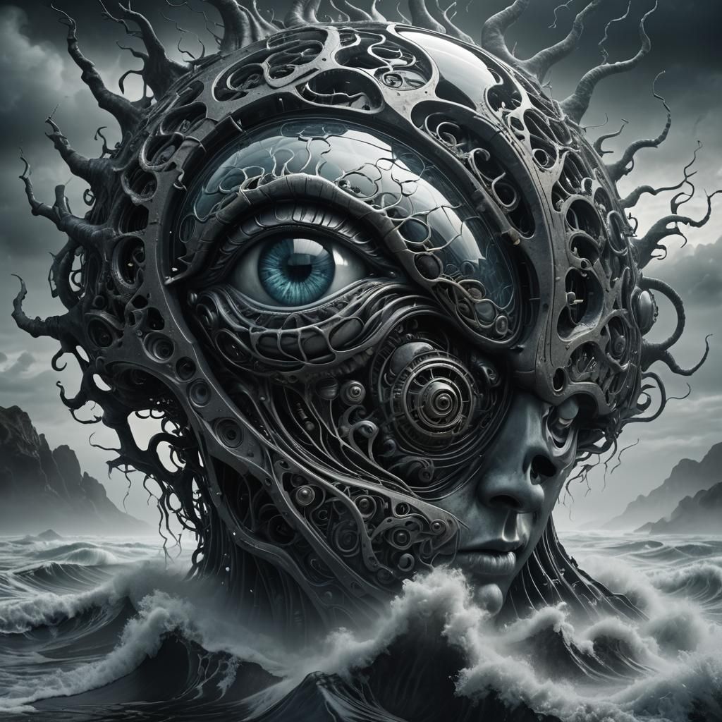 Surreal 3D Render of Glass 'A' with Eye