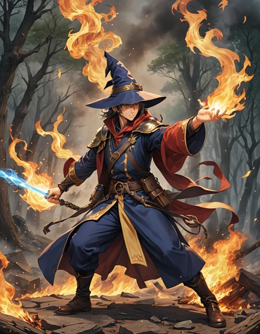 Wizard Casting Fire Spell in Anime Style