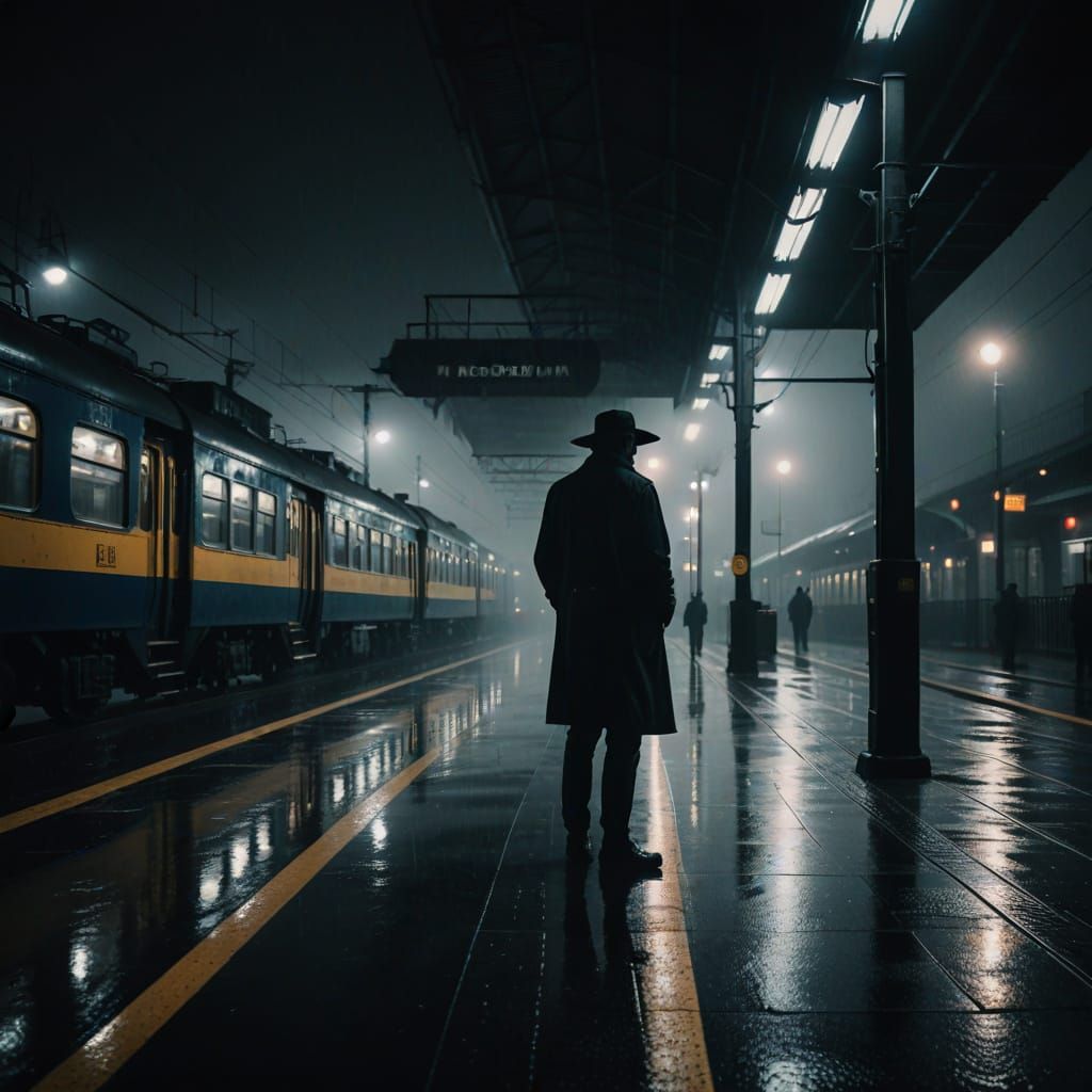 Moody Train Station at Rainy Night in Film Noir Style