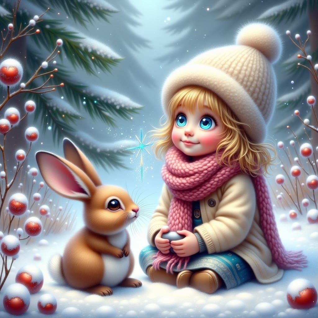 Girl and Bunny in Winter Wonderland