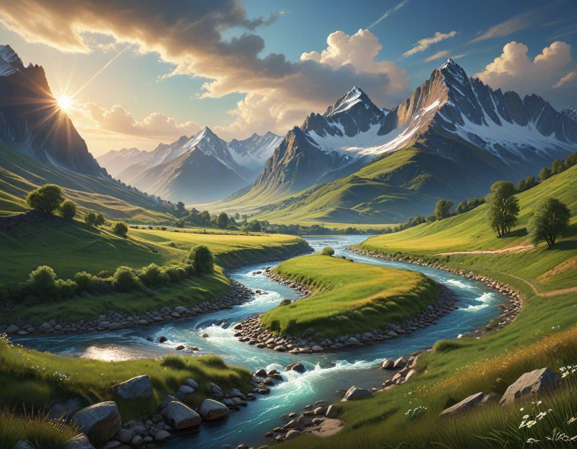 Epic Fantasy Landscape Painting with Majestic Mountains