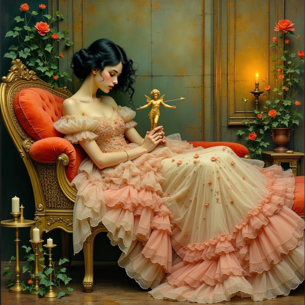 Romantic Victorian Lady with Cupid and Floral Surroundings