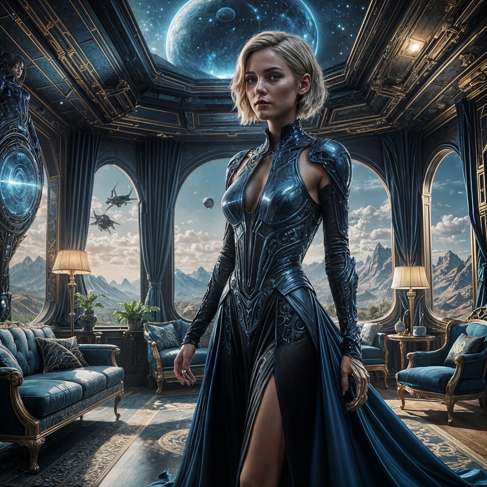 Beautiful Alien Woman in High-Tech Living Room