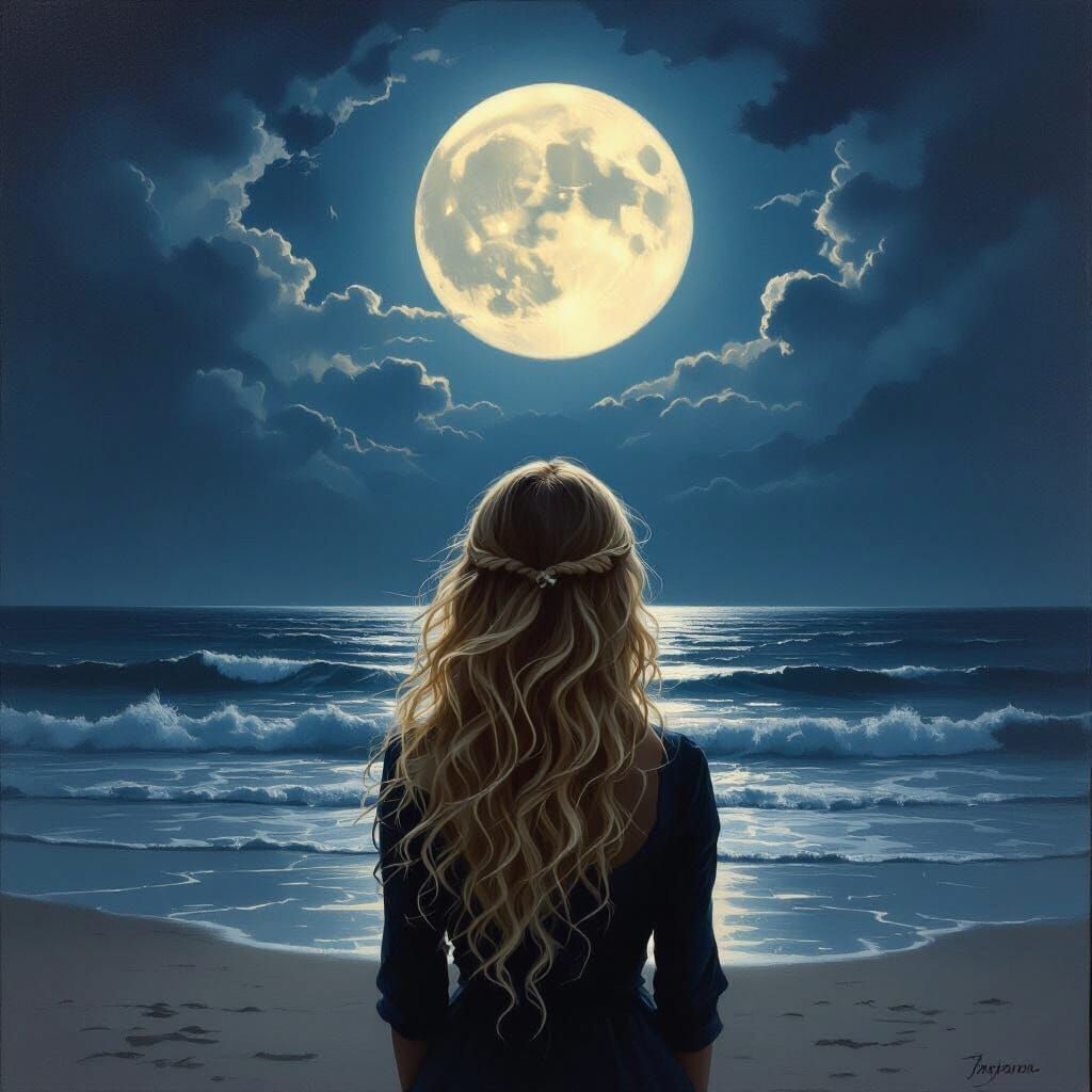 Woman Gazes at Moonlit Ocean Horizon
