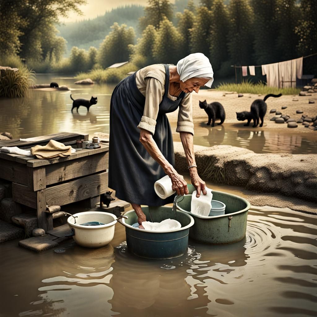 Vintage Photo of Washerwoman in Bleak Village