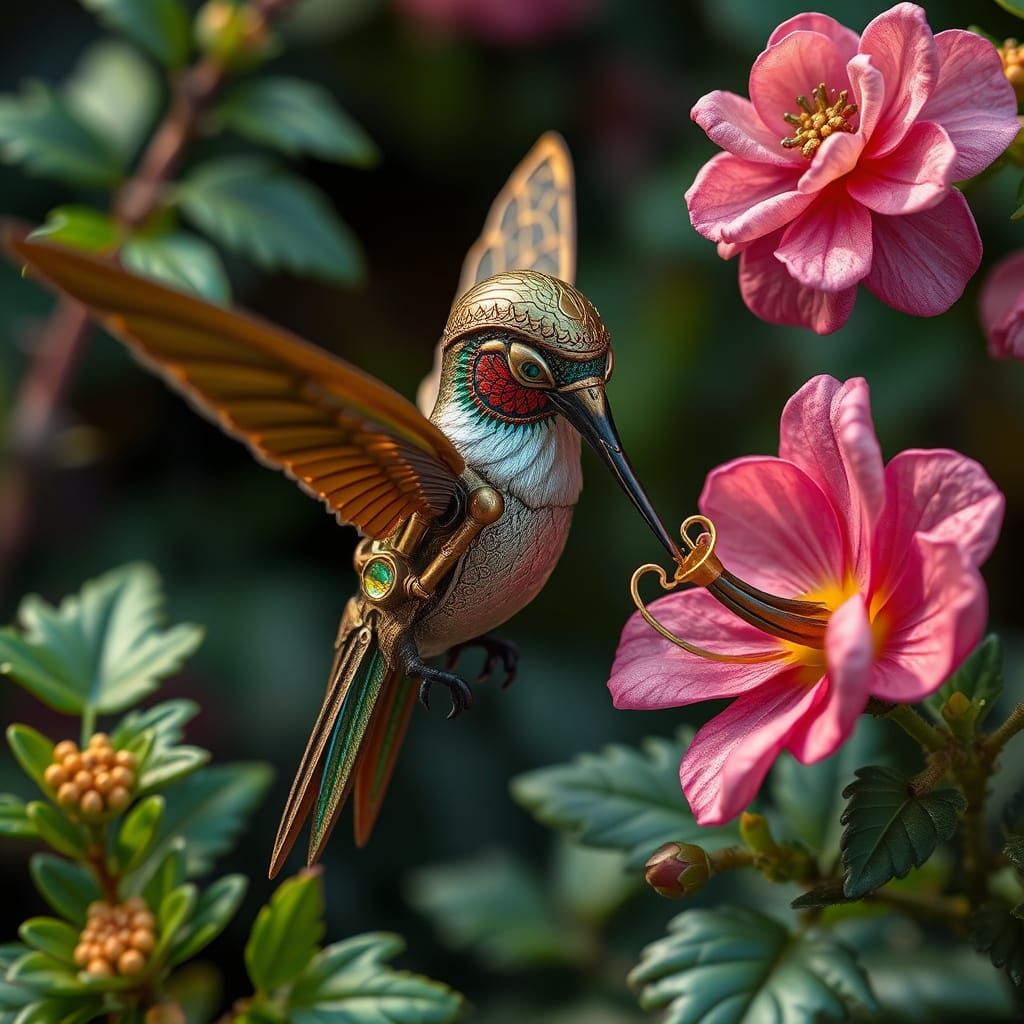 Mechanical Hummingbird in Whimsical Steampunk Scene