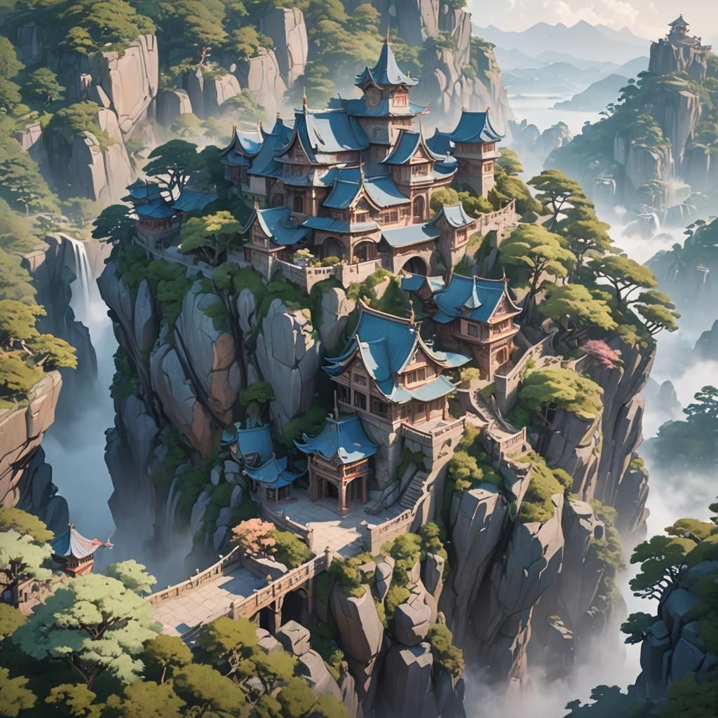 Fantasy Landscape on Tipped Cliff in Anime Style