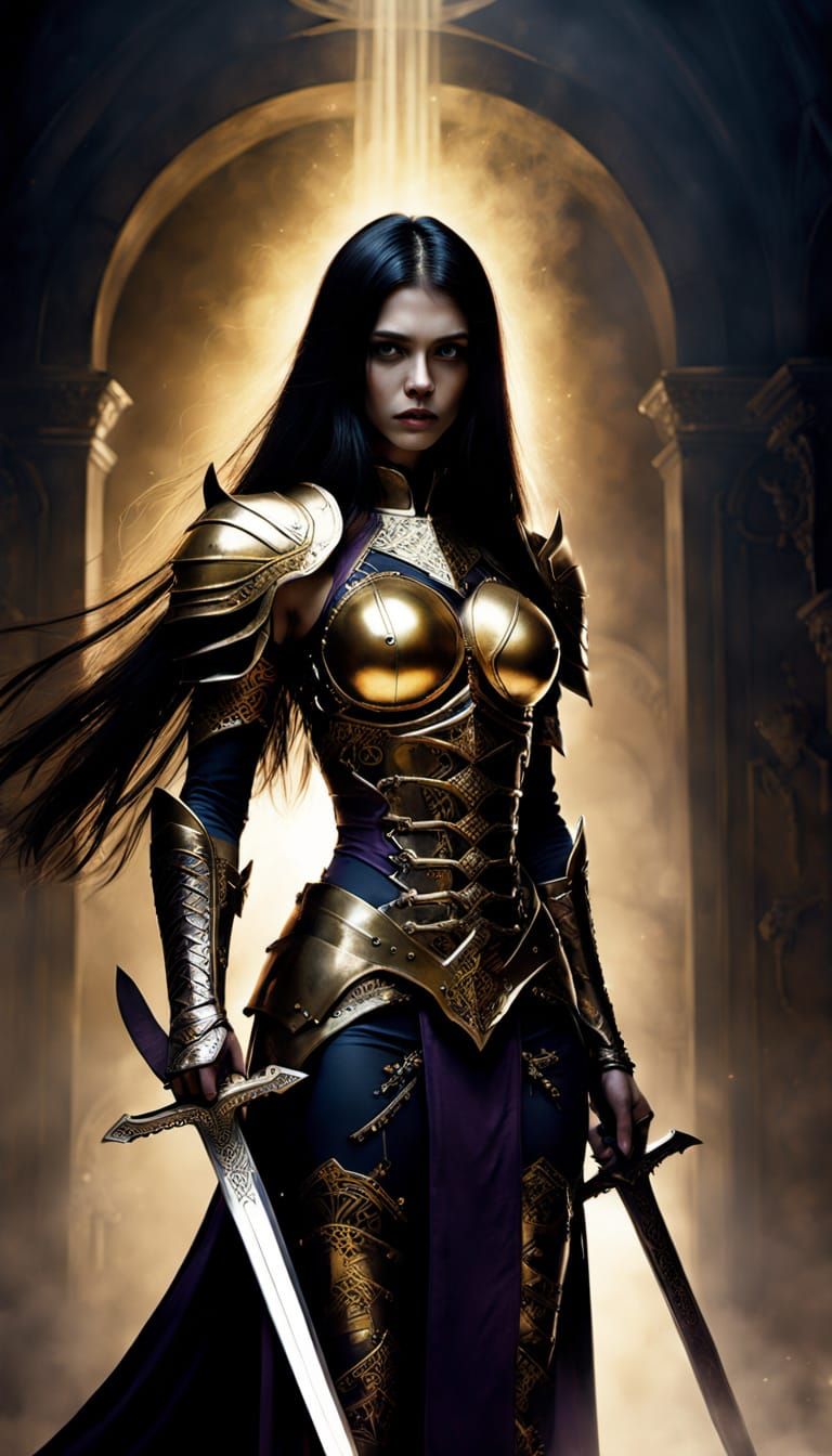 Glowing Aasimar Warrior in Dark Gothic Armor