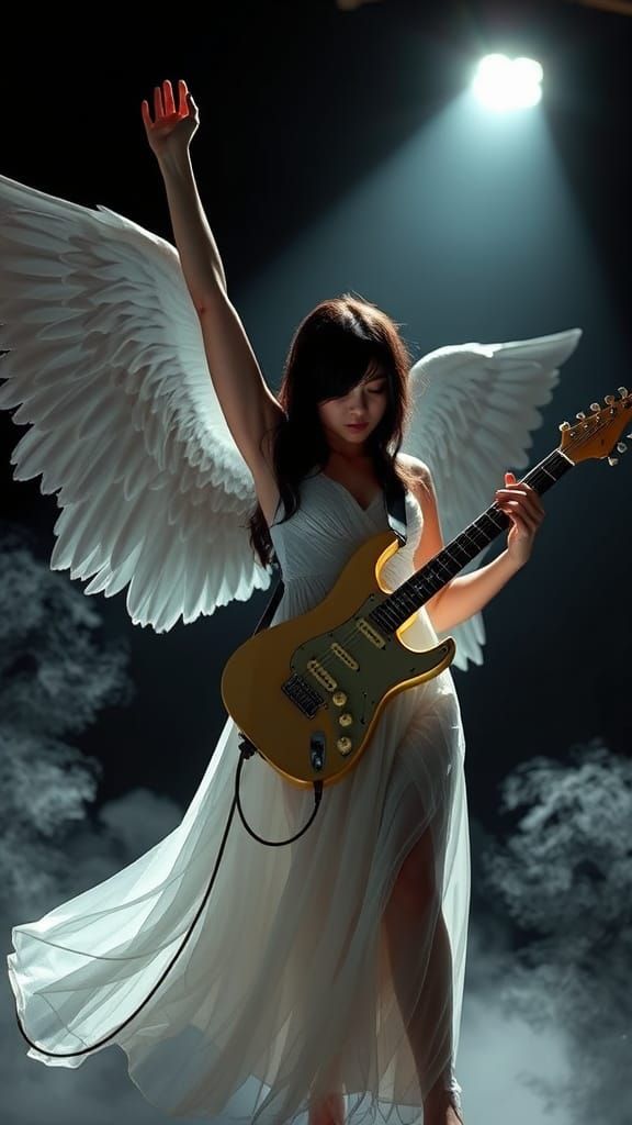 Angelic Guitarist Performing on Stage in Cinematic Style