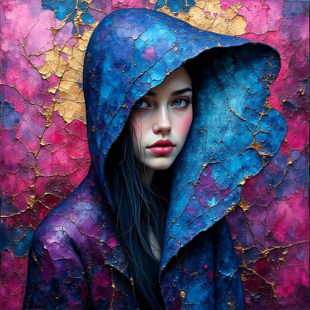 Mysterious Woman in Cloak: Impasto Oil Painting