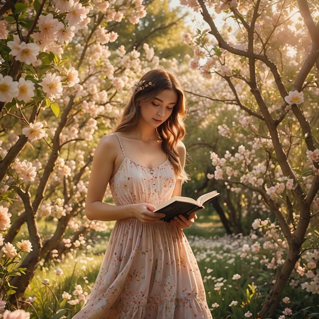Girl Reads Book in Whimsical Flower Orchard