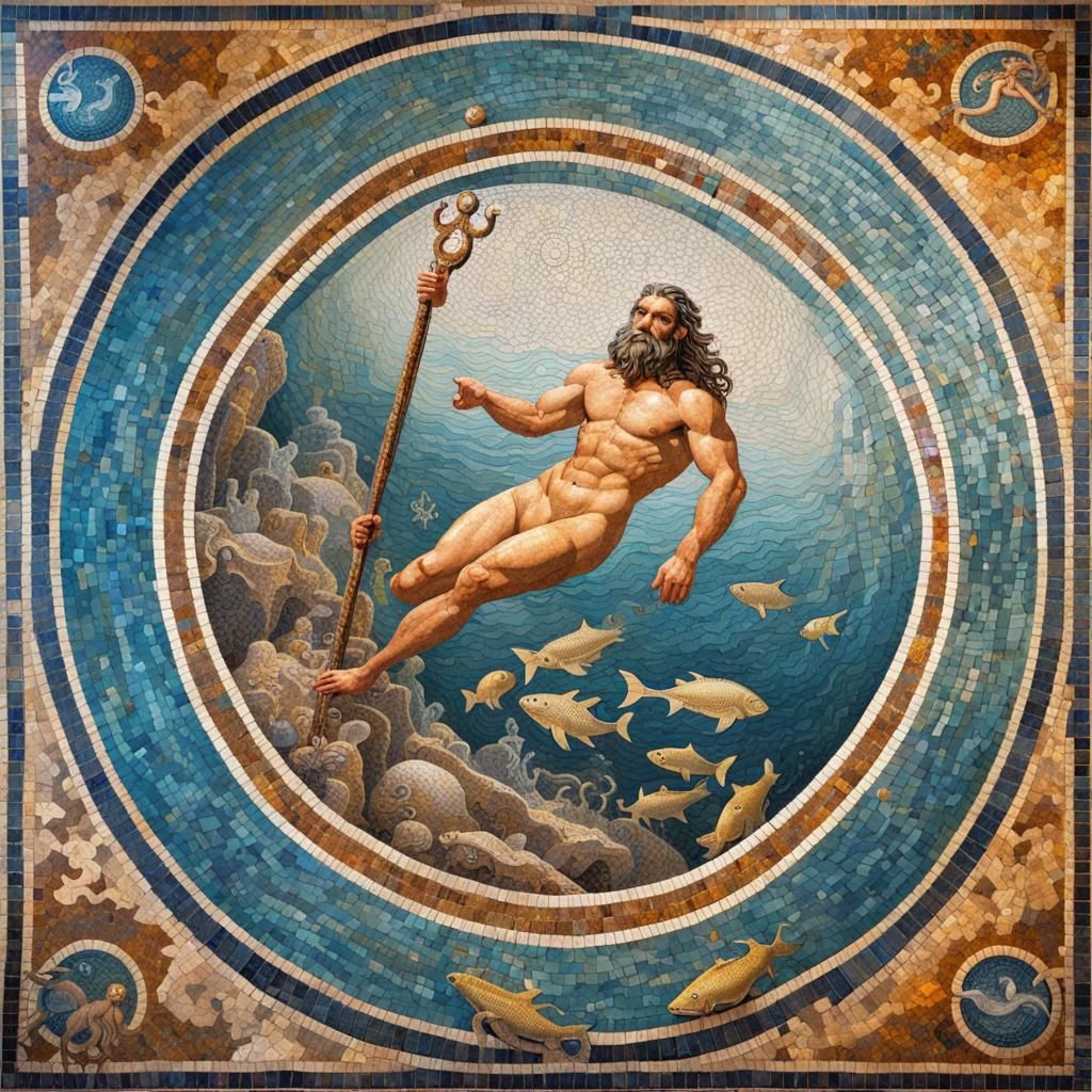 Ancient Mosaic of Poseidon in Sunken Shipwreck