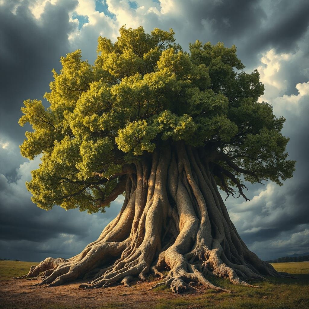 Ancient Tree Survives Stormy Sky in Painterly Style