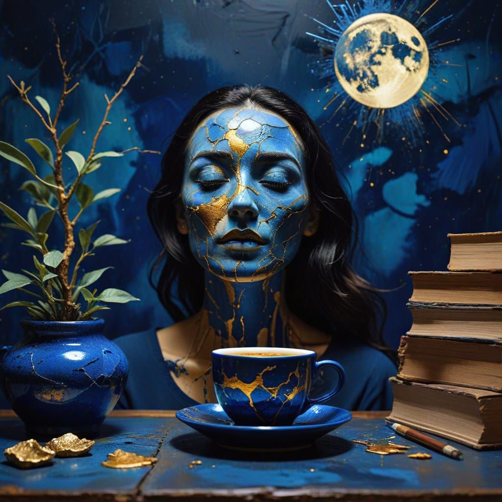 Impasto Portrait of Woman Holding Moon in Dark Blue Night Sk...