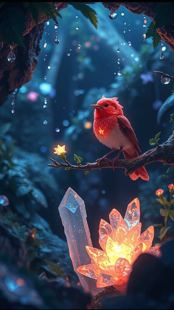 Bioluminescent Bird in Crystal Grotto, Ghibli Style