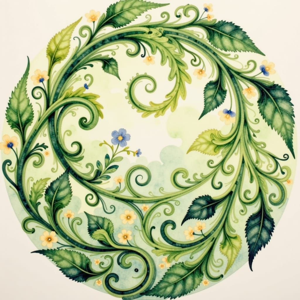 Art Nouveau Floral Spiral Design in Fresh Greens