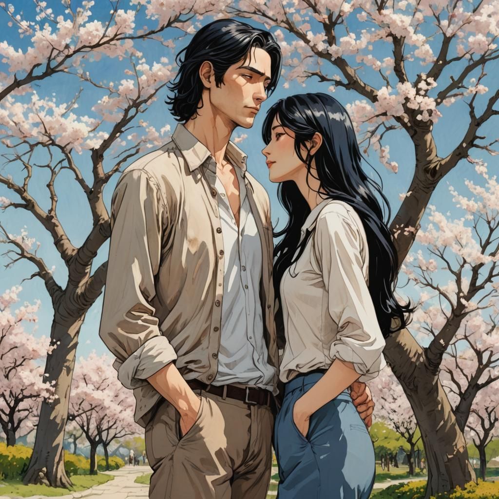 Romantic Couple Embracing Under Cherry Blossoms, Anime Style