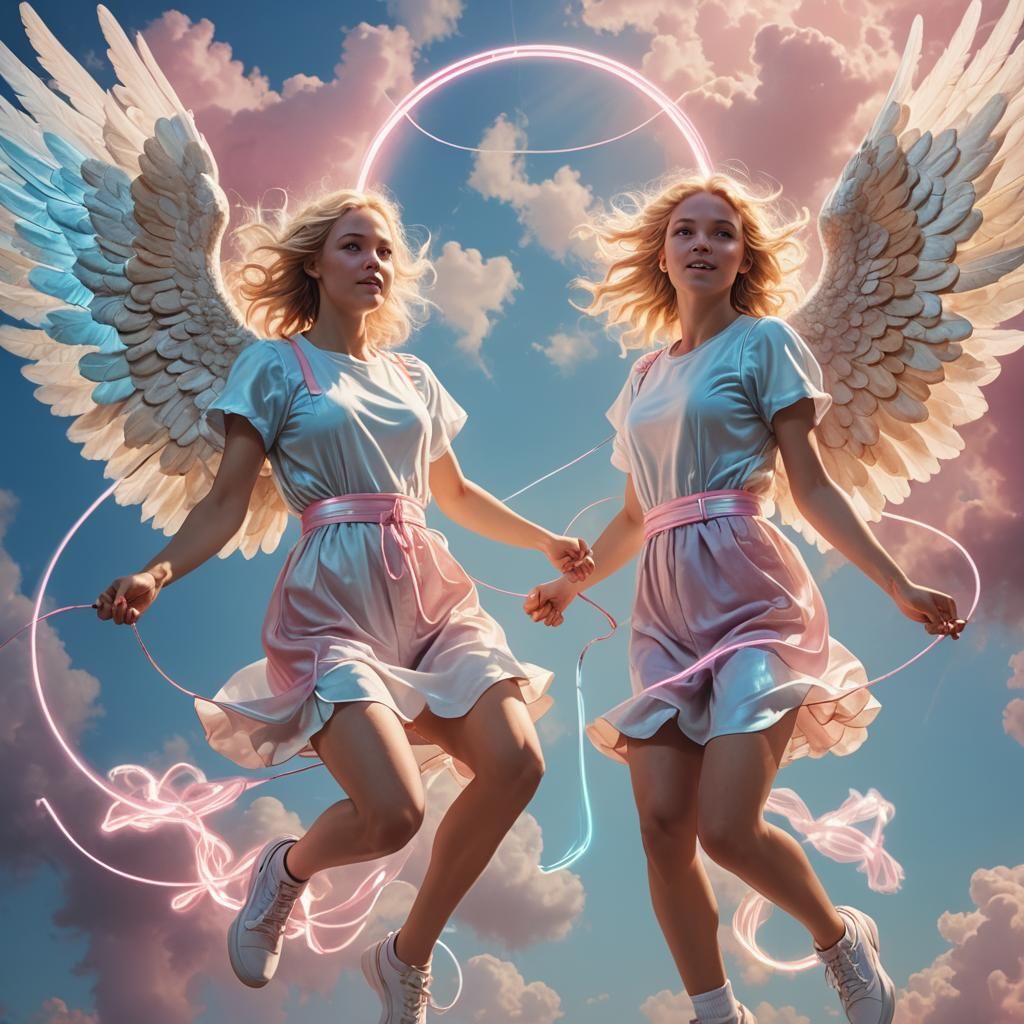Angelic Jump Rope Scene in Digital Art Style