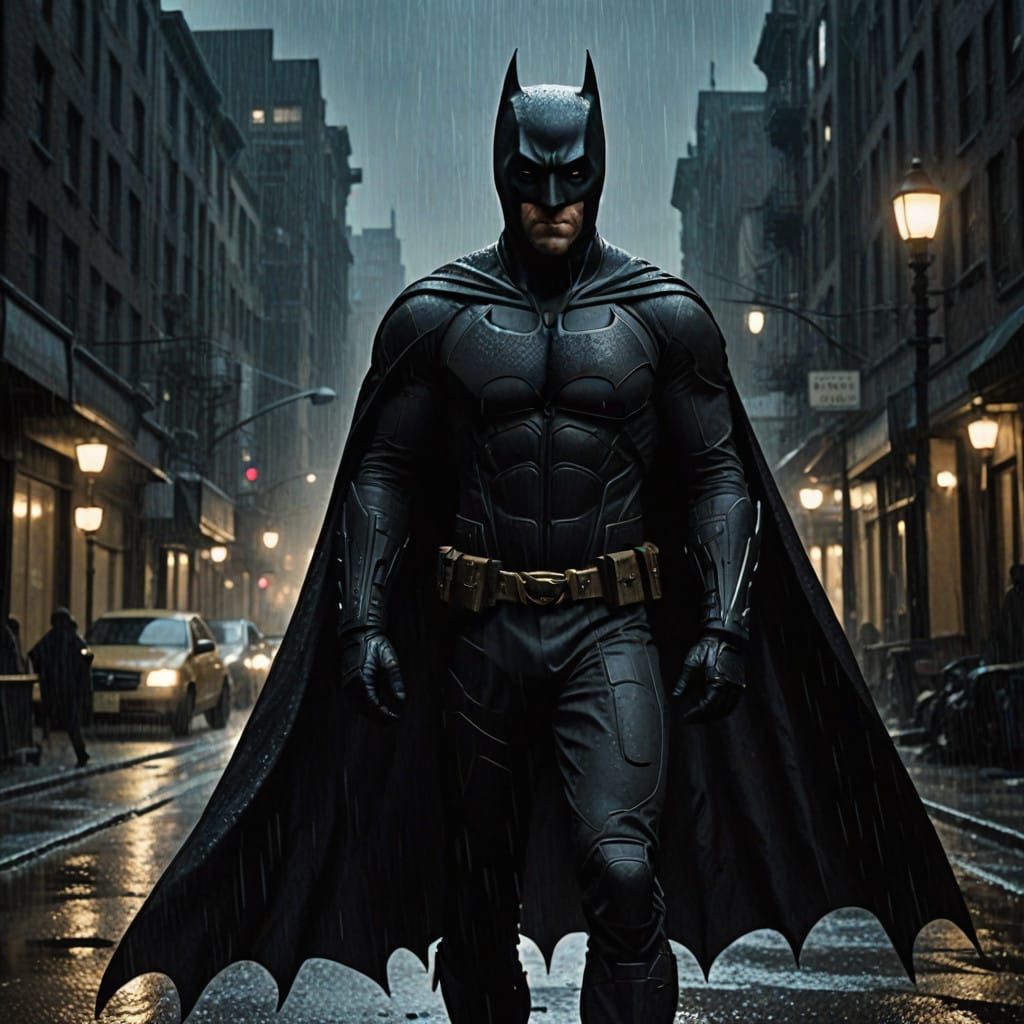 Dark Knight in the Rainy Gothic Cityscape