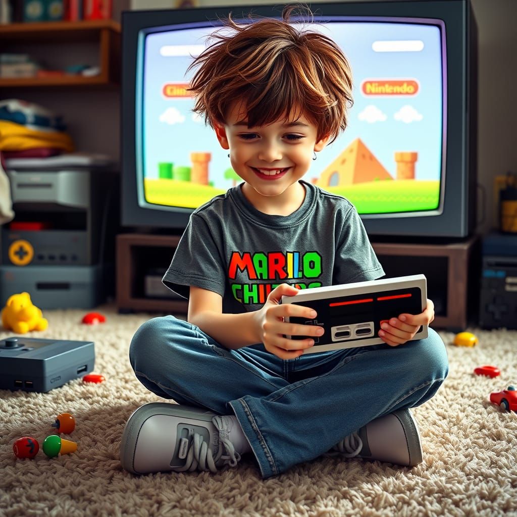 Retro-Futuristic Boy Plays 8-Bit Video Games