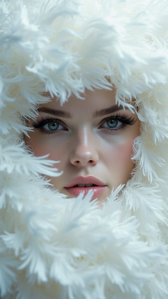 Intense Eyes Emerge from Feather Explosion