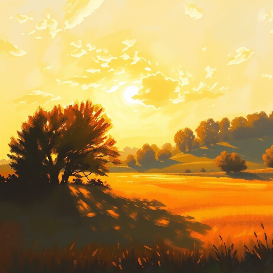 Golden Light on a Vibrant Landscape in Oil Painting Style