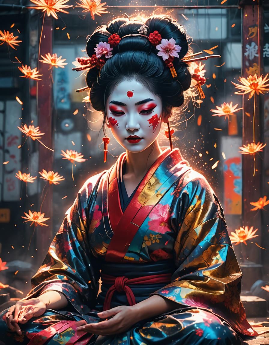 Geisha Meditating in Double Exposure Graffiti Art