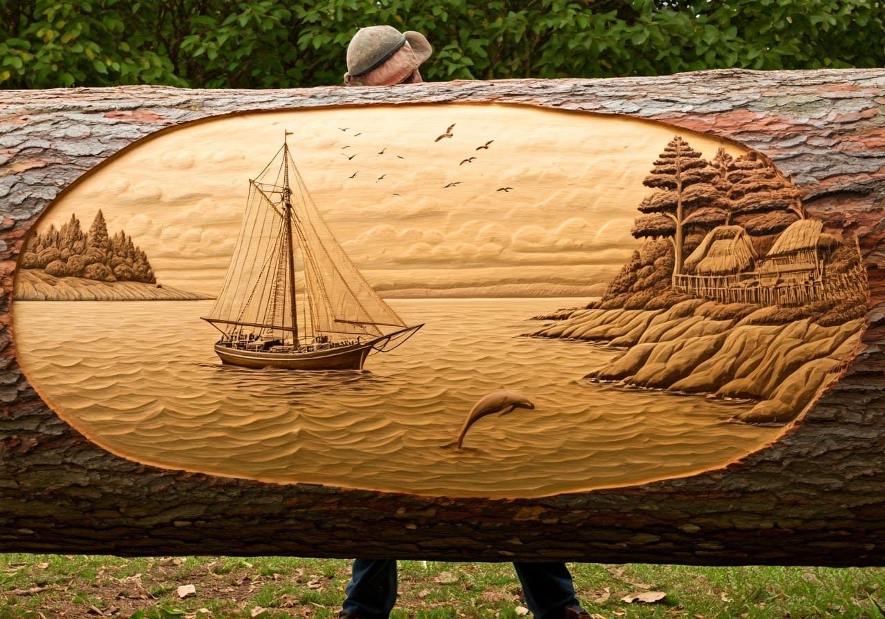Intricate Seascape Carved on Fallen Tree Trunk