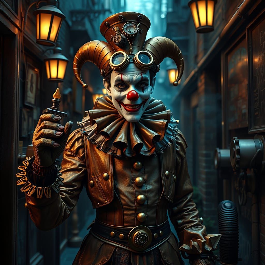 Steam-Powered Clown in a Smoky Alleyway