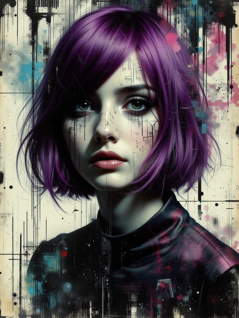 Gothic Portrait of Sad Woman in Abstract Mixed Media