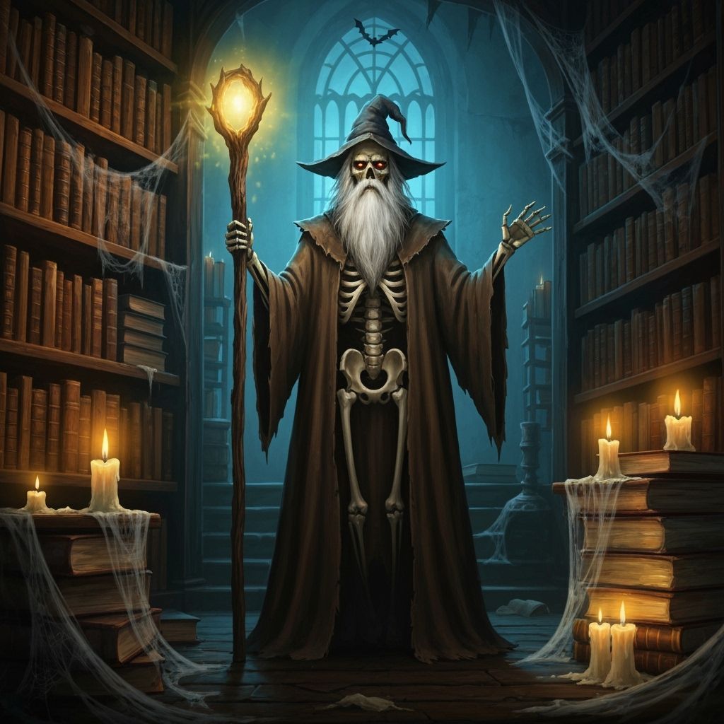 Skeleton Wizard in Haunted Library on Halloween Night