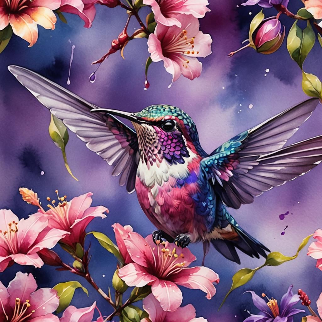 Pink Hummingbird Sipping Nectar in Watercolor Style