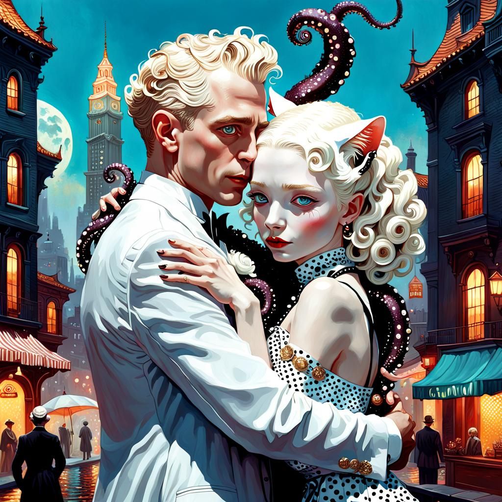 (Exotic Romance 1.1) detailed painting of an embracing albino tentacle couple in a Beautiful macabre  cityscape by Norma...