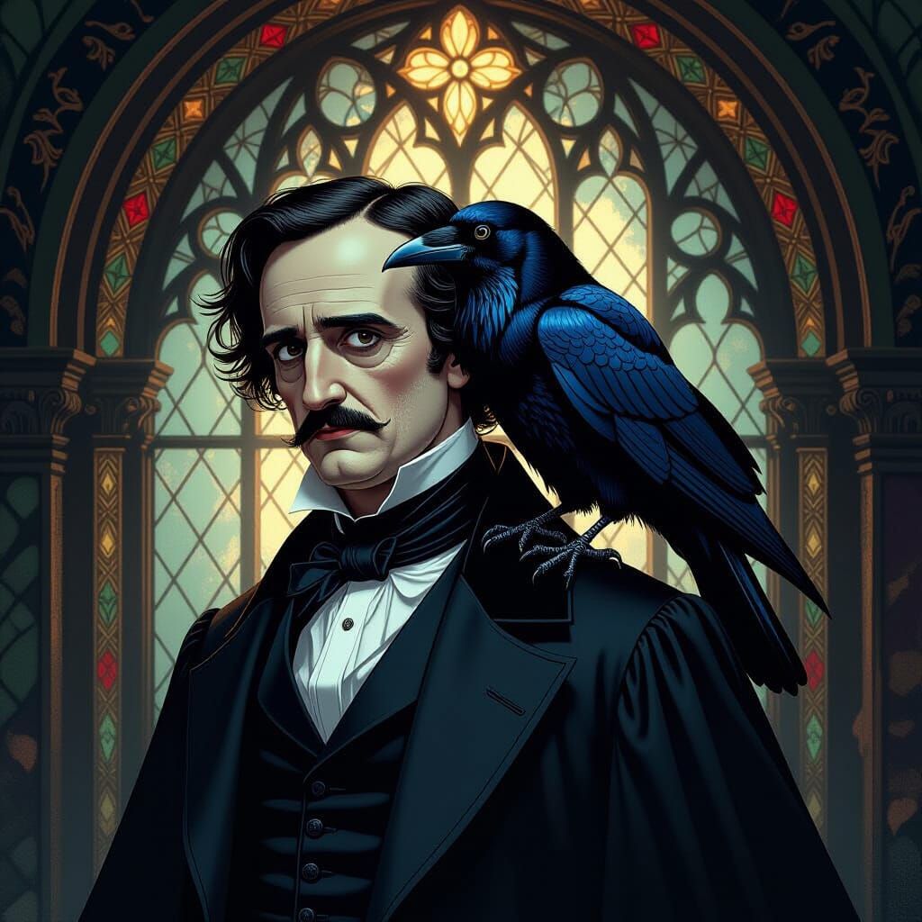 Edgar Allan Poe With Raven In Gothic Stained Glass Style