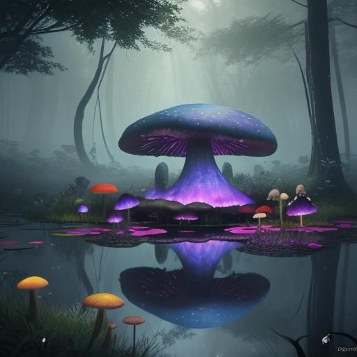 Ethereal Woman and Giant Mushrooms in Dreamlike Pond