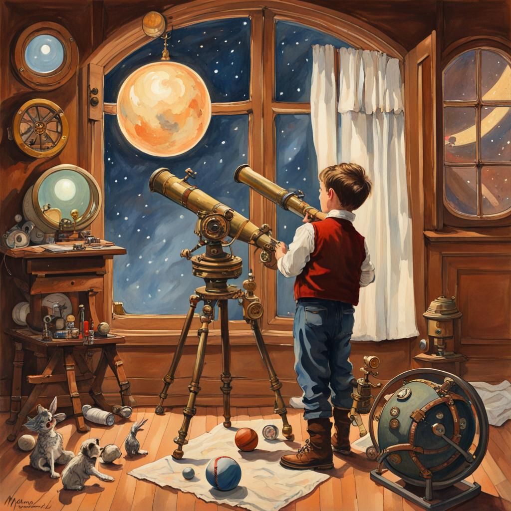 Boy with Steampunk Telescope in Rockwell Style