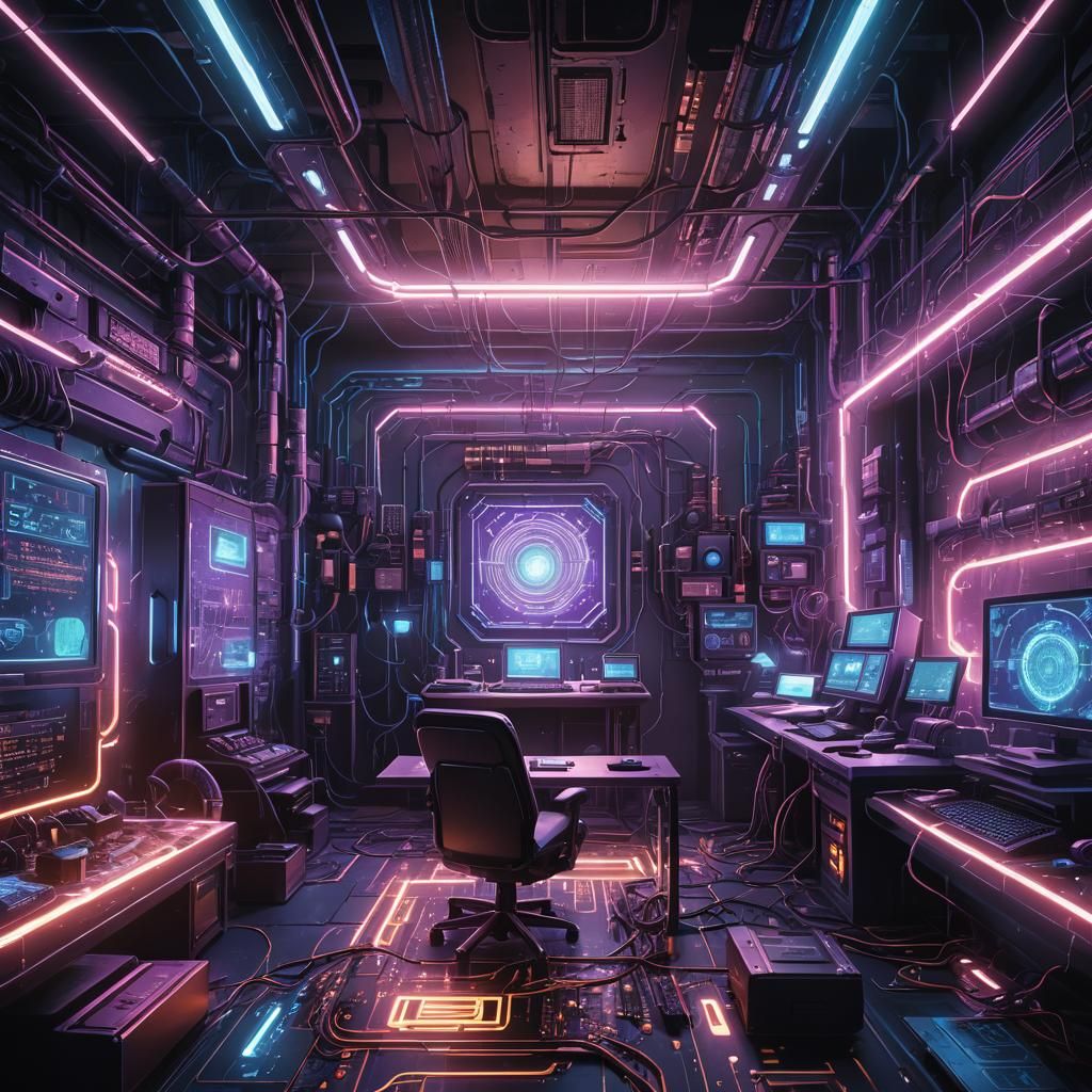 Cyberpunk Computer Surrounded by Electrical Sparks