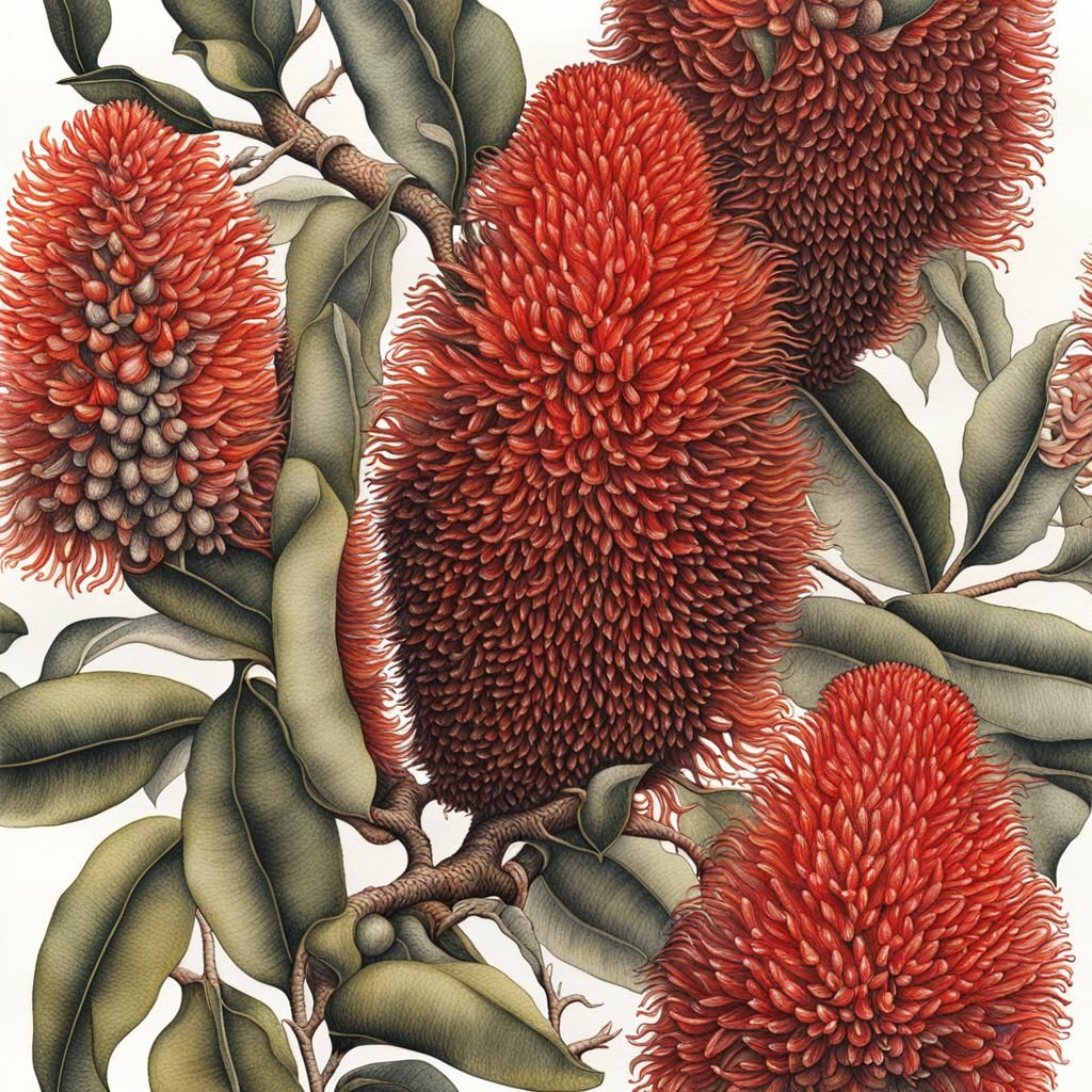 Scarlet Banksia: Detailed Botanical Ink Painting