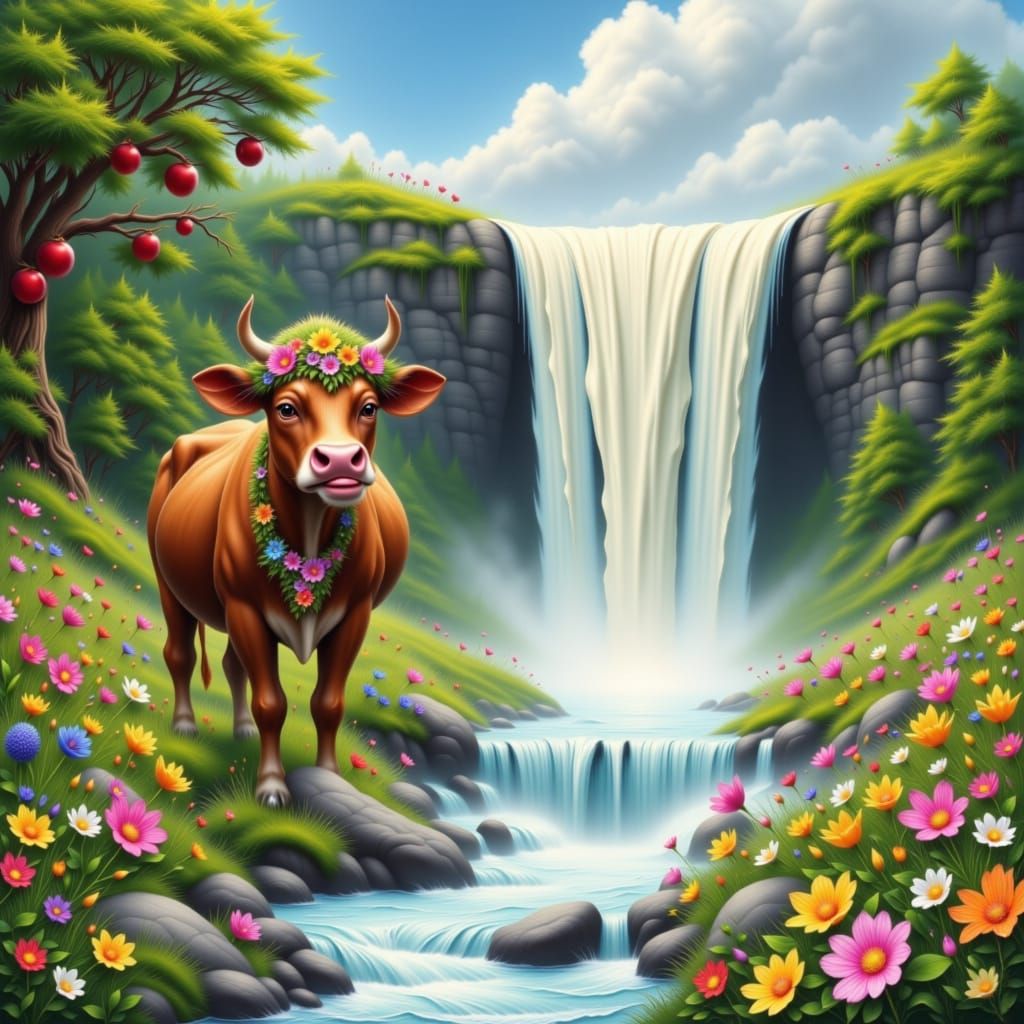 Giant Milk Waterfall with Happy Cow