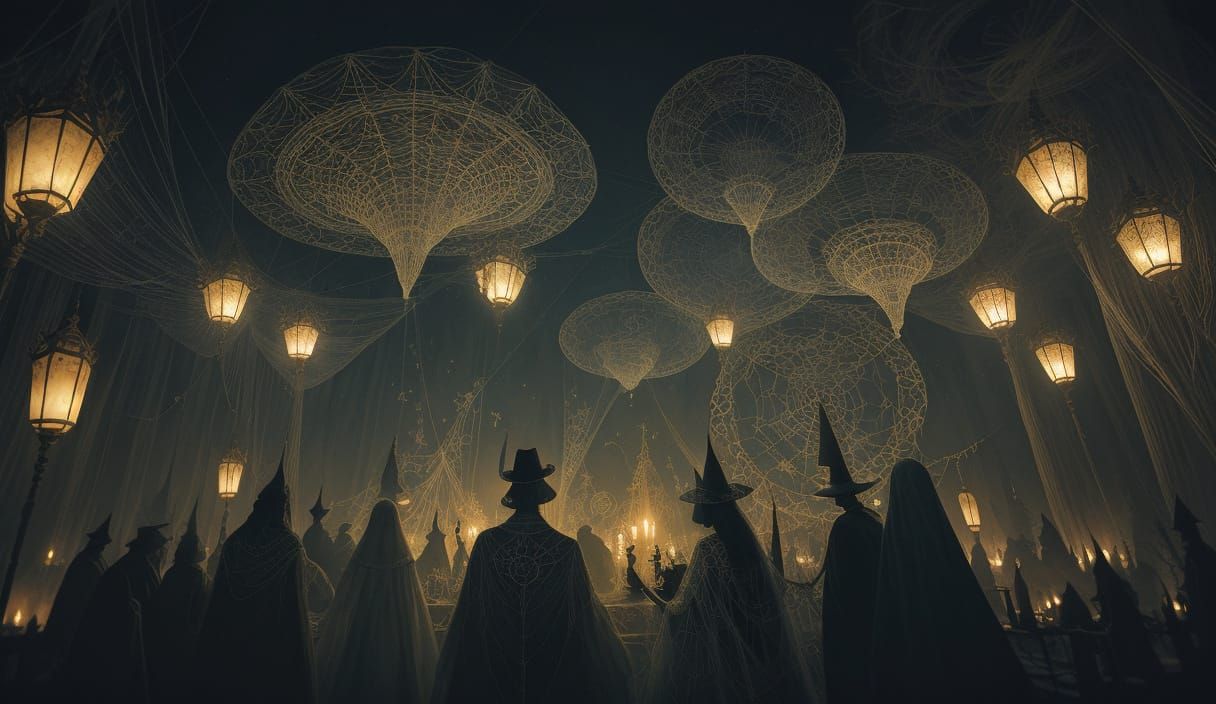 Surreal Spiderweb World with Grand Clocks and Teacups