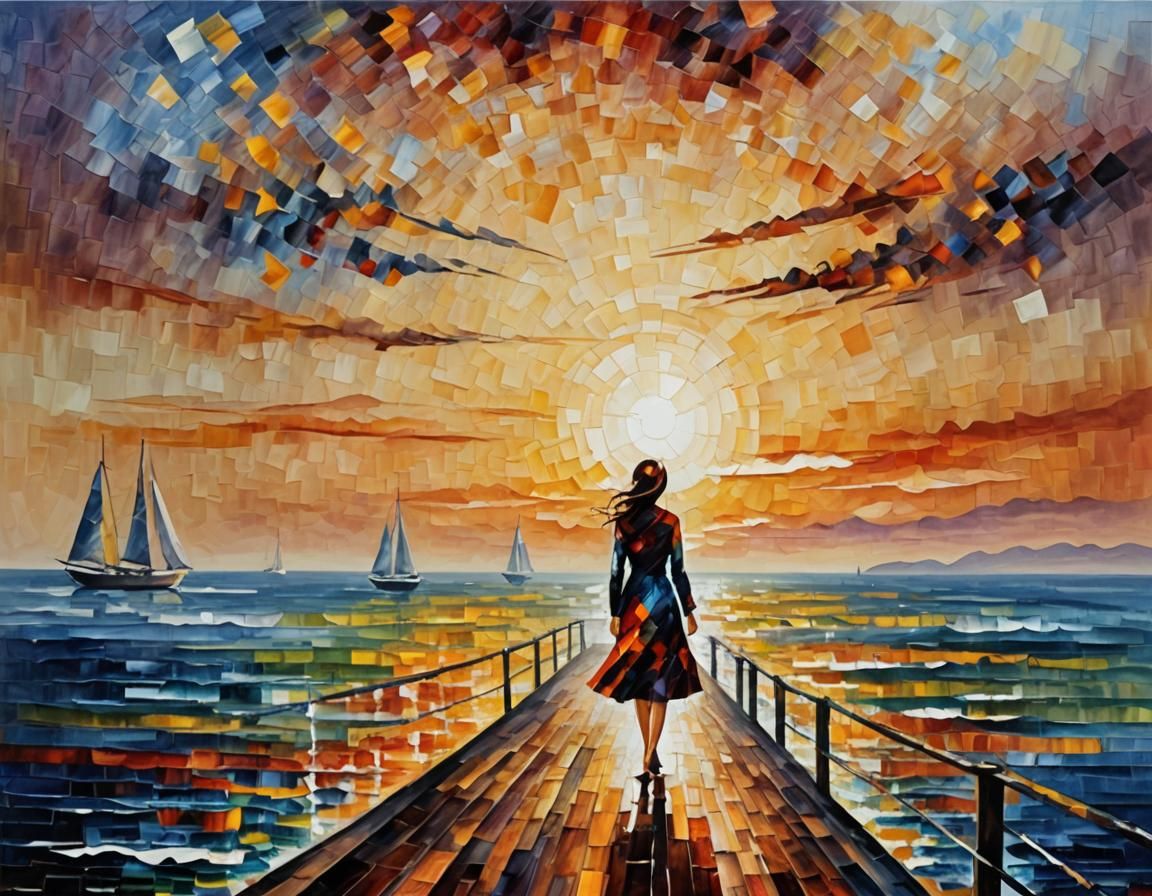 Sunset Pier Silhouette in Afremov Style