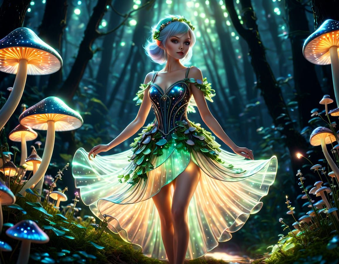 Pixie in Glowing Glass Dress Amidst Magical Forest Elements