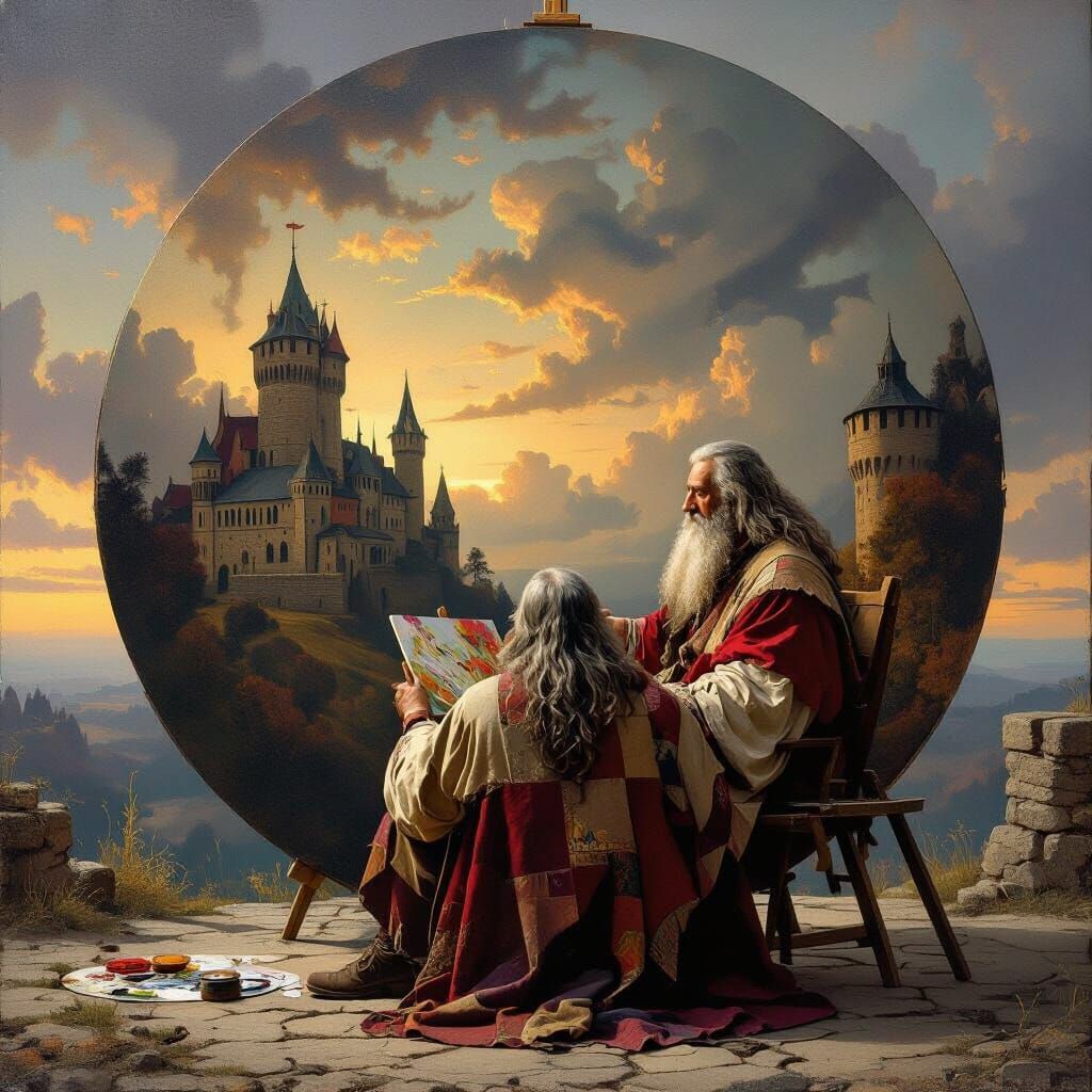 Elderly Artist Paints Medieval Scenes by Castle in Twilight