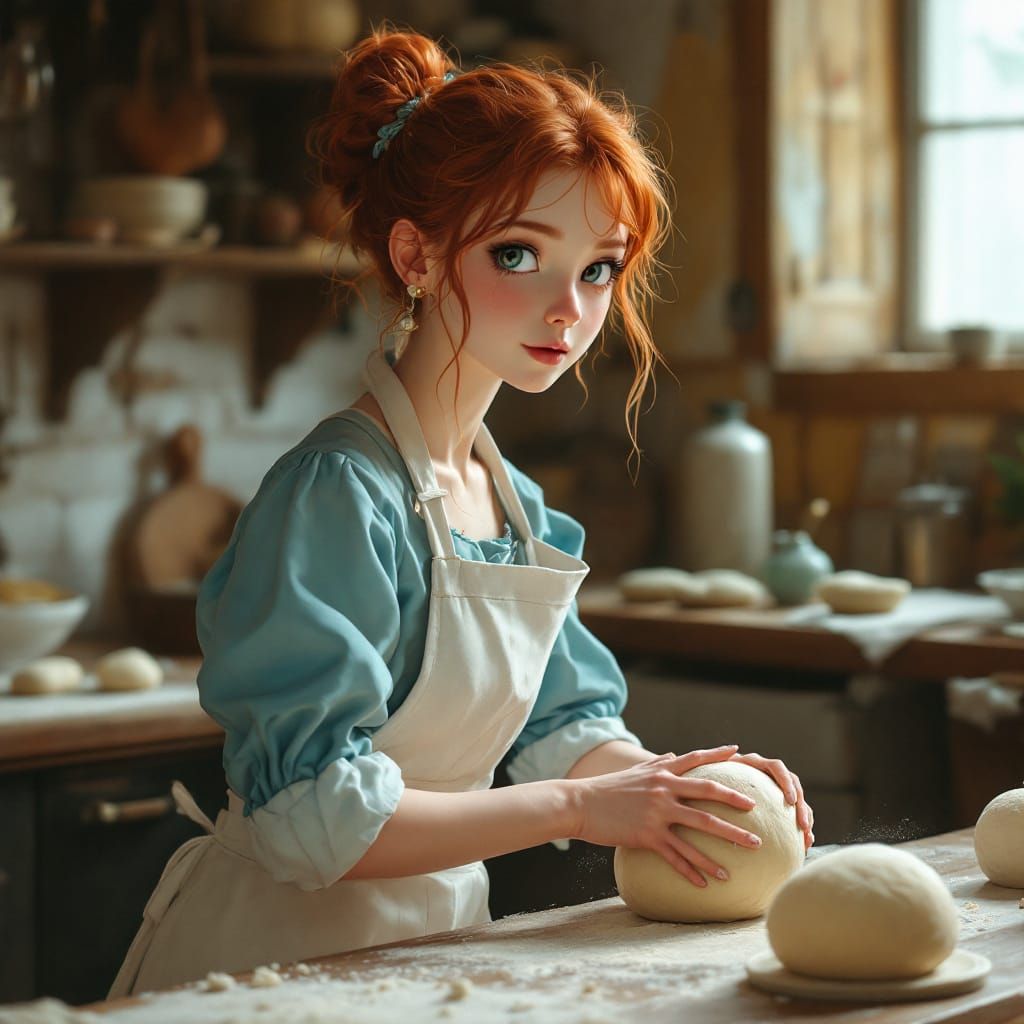 Redhead Baker Kneading Dough in Magical Realism Kitchen