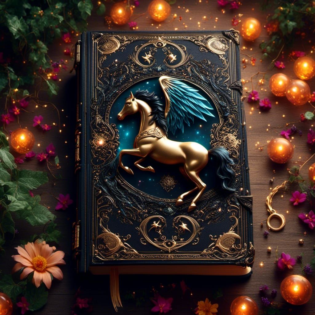 Ornate Spell Book with Black Pegasus Cover