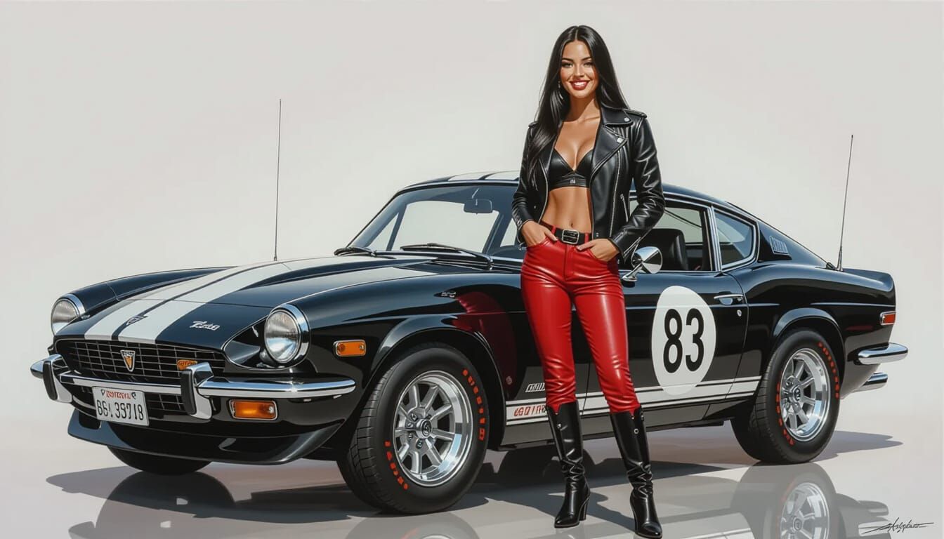 Retro-Modern Triumph GT6 Car with Woman at Auto Show