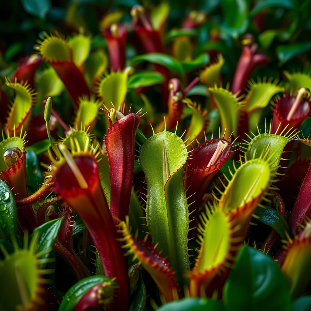 Vibrant Carnivorous Garden in Hyperrealistic Detail