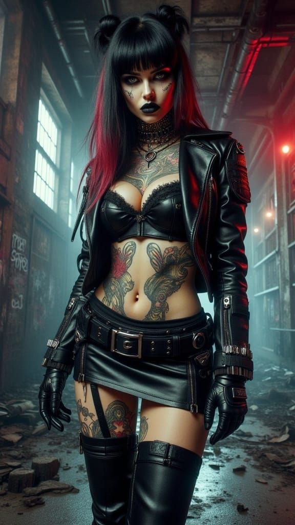 Cybergoth Policewoman in Dark, Urban Landscape