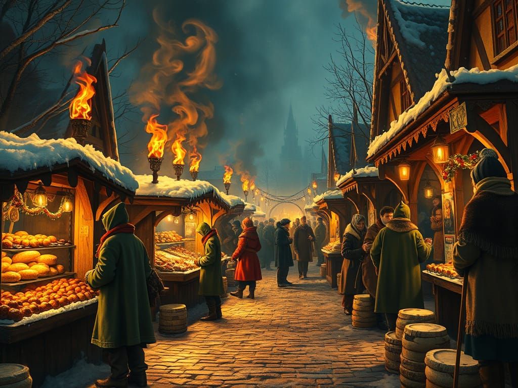Medieval Winter Night Market Illuminated by Golden Light